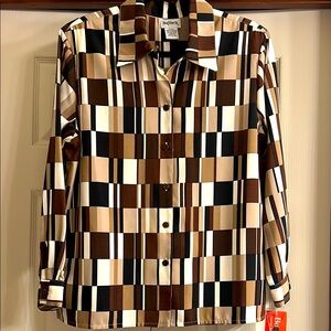 Vintage BonnWorth Geometric Pattern Blouse in Brown and Cream.  New With Tags